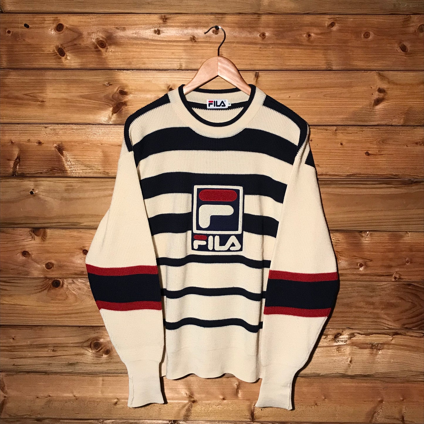 90s Fila Striped Centre Spellout knit sweatshirt