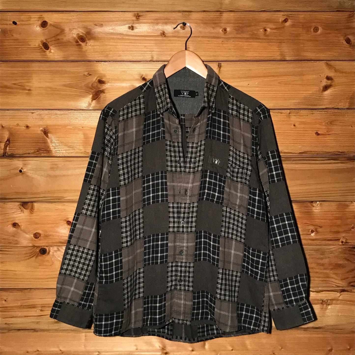 Playboy VIP Plaid Squared Patchwork long sleeve button up shirt