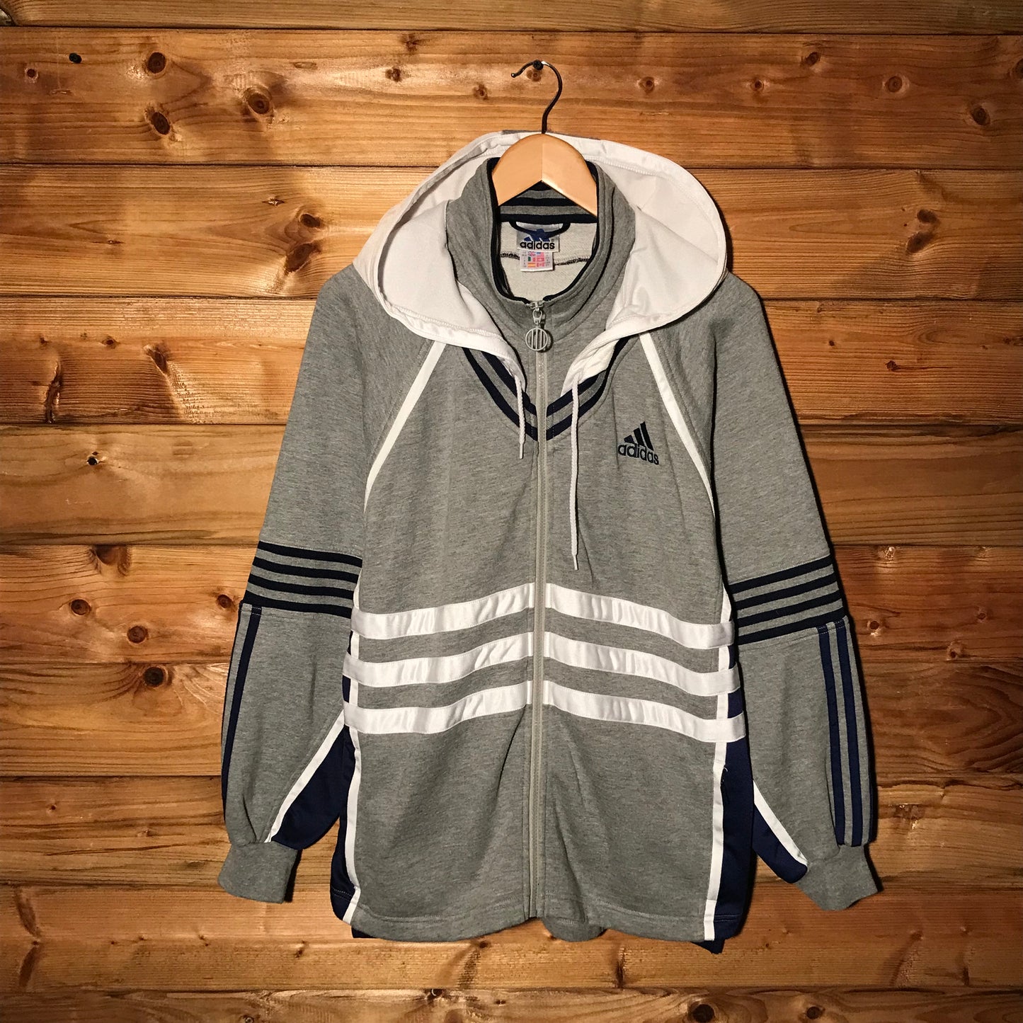 90s Adidas Multi Striped Spellout zip up hoodie