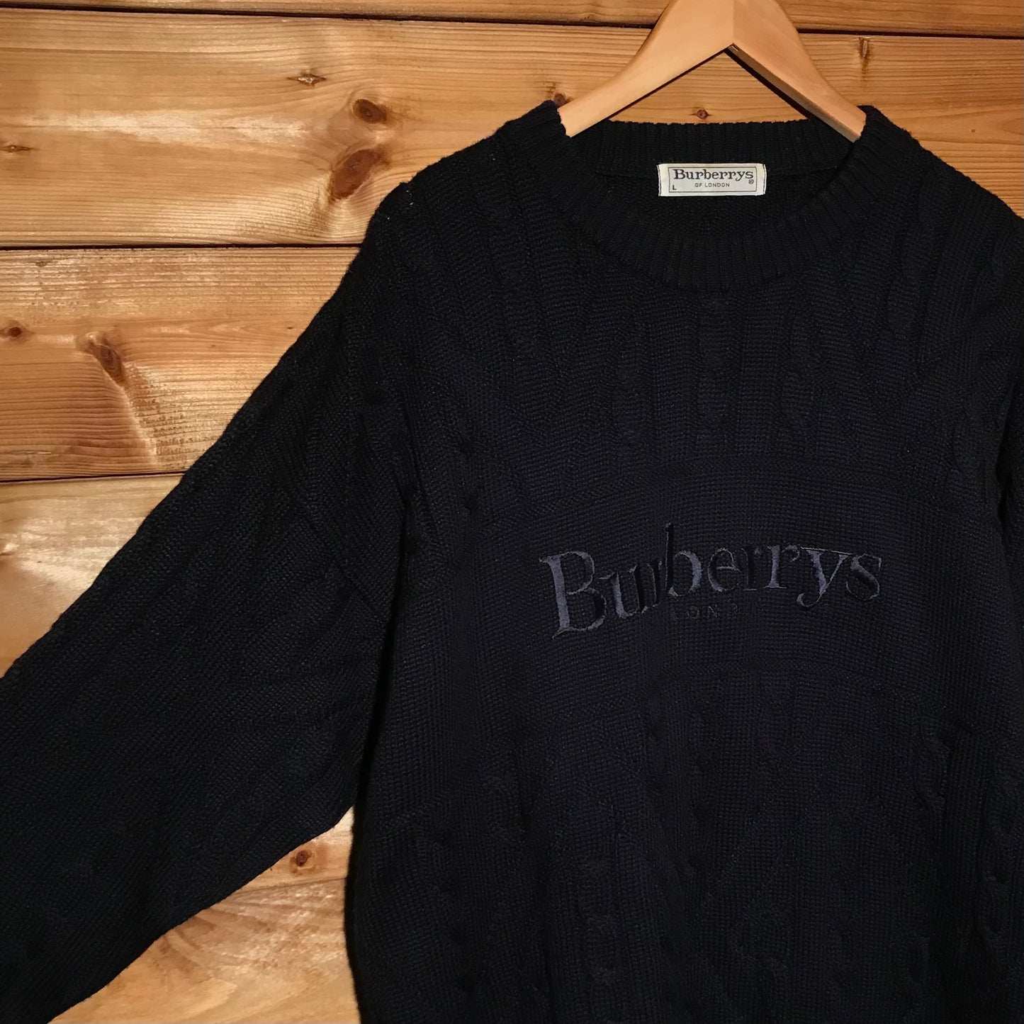 90s Burberry Centre Spellout cable knit sweatshirt