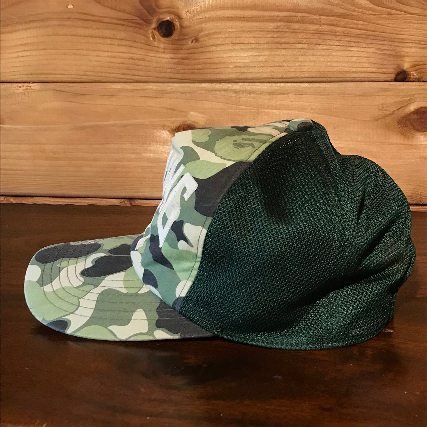 Bape, A Bathing Ape Arc Spellout Green Camo trucker cap