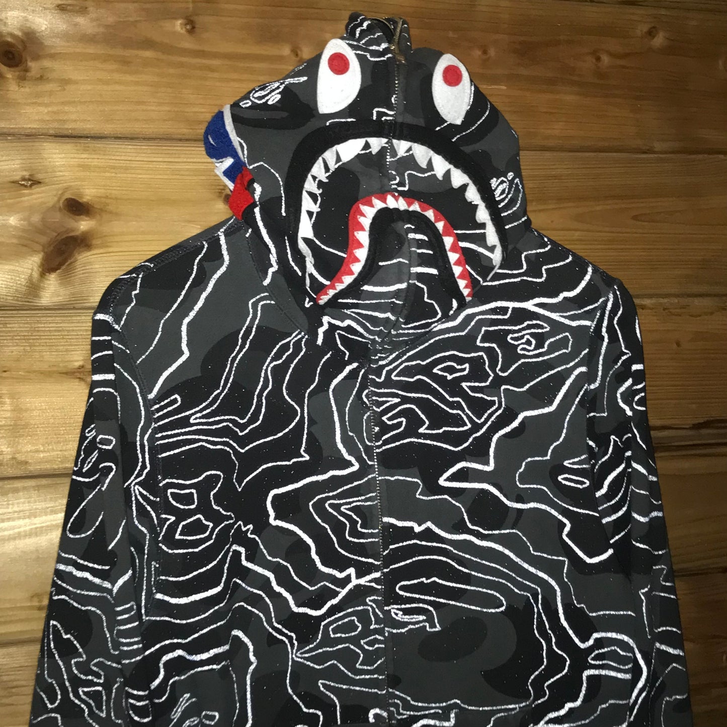 2023 Bape, A Bathing Ape Layered Line Camo Shark Face zip up hoodie