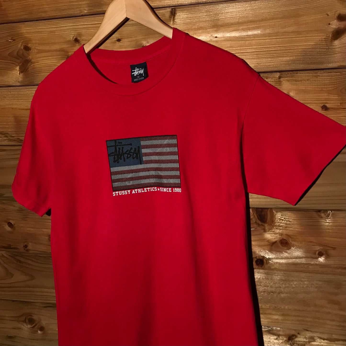 90s Stüssy Athletics Jolly Rodger USA Flag t shirt