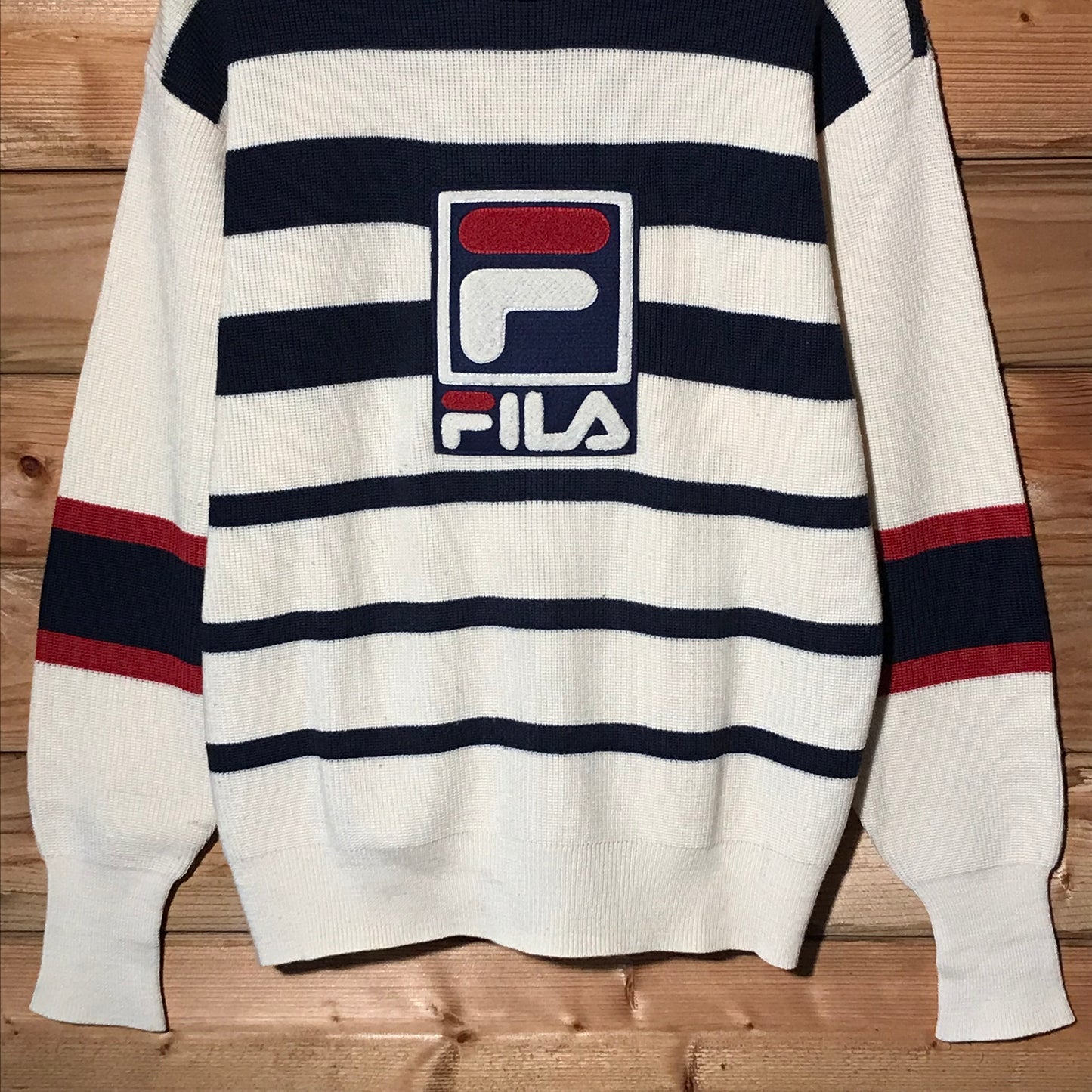 90s Fila Striped Centre Spellout knit sweatshirt