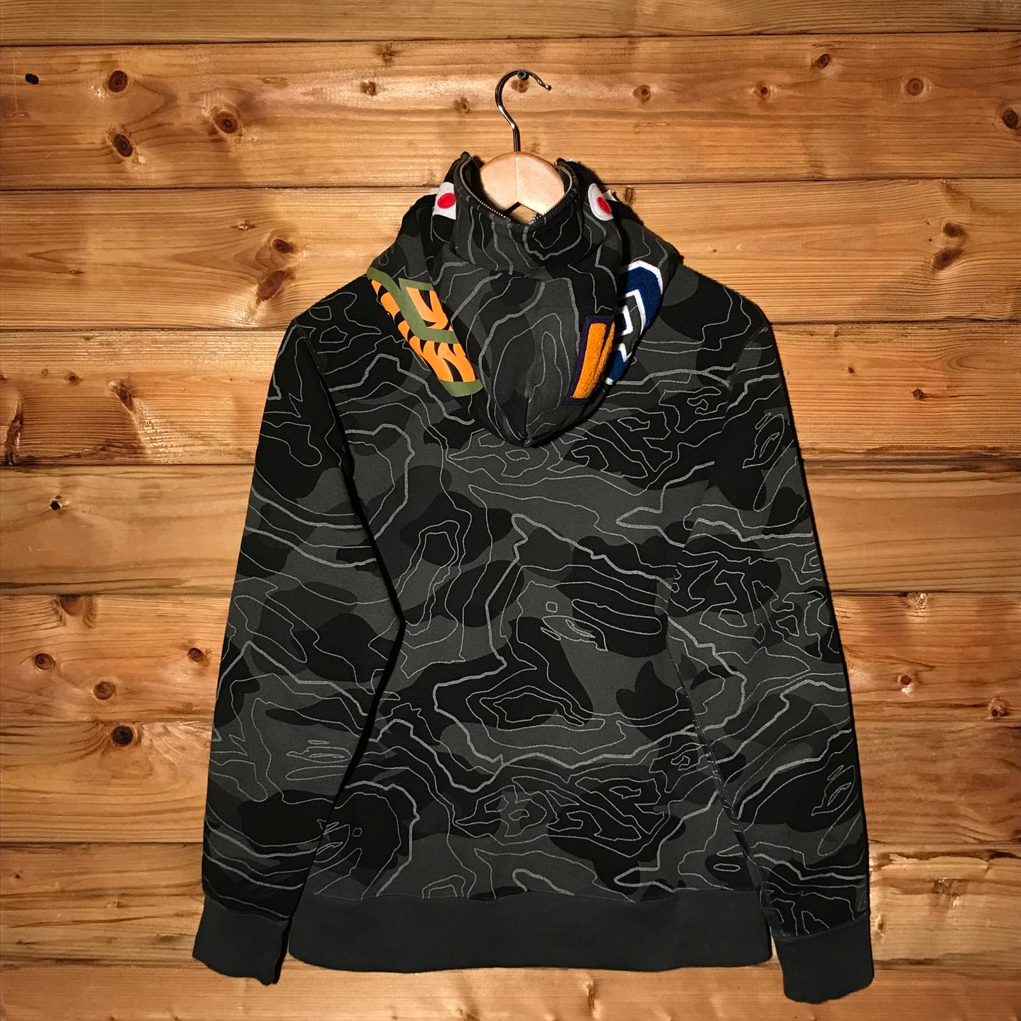 2023 Bape, A Bathing Ape Layered Line Camo Shark Face zip up hoodie