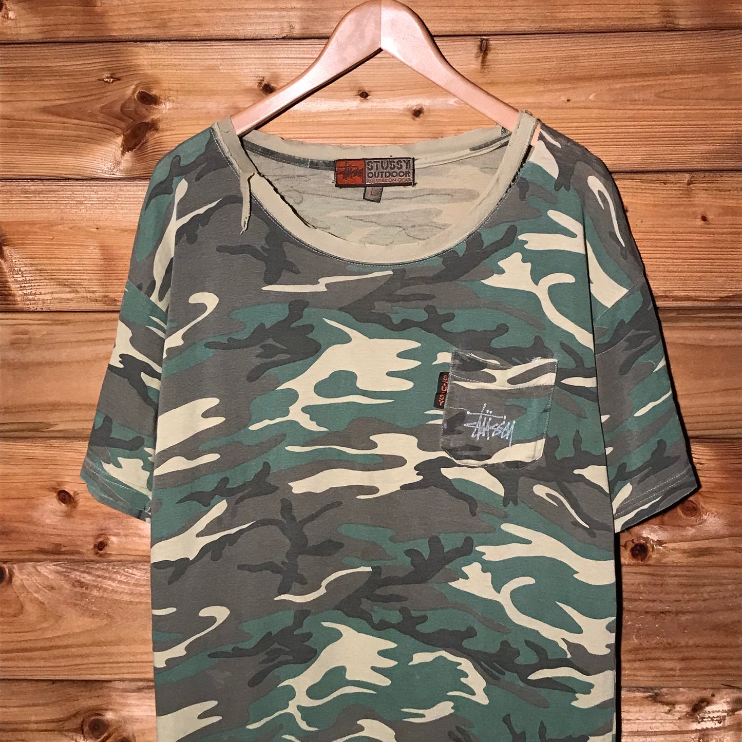 90s Stüssy Outdoor All Season Gear Camo Pocket t shirt