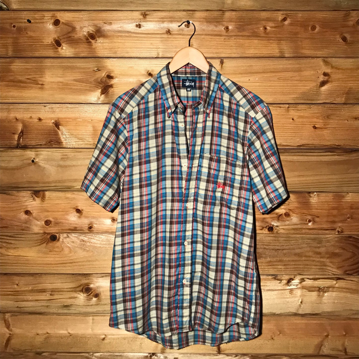 90s Stüssy Plaid Corner Script short sleeve button up shirt