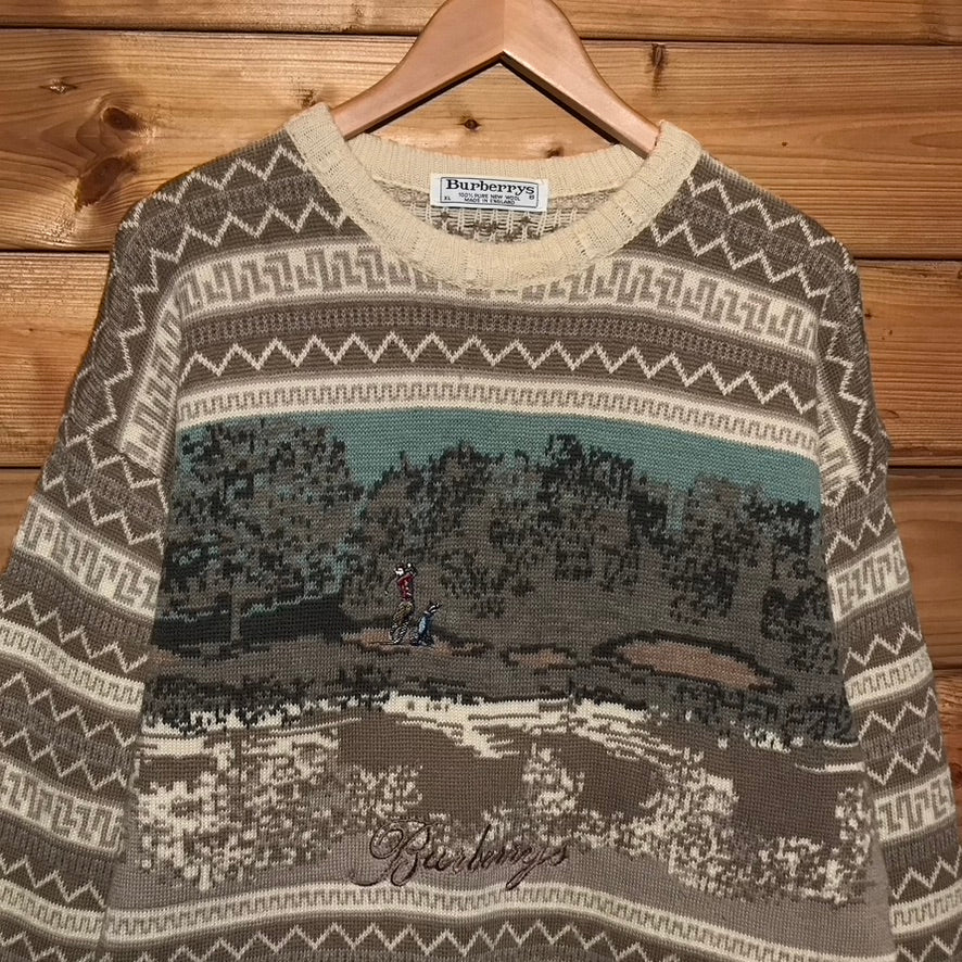 90s Burberry Golf Landscape Design Centre Spellout knit sweatshirt