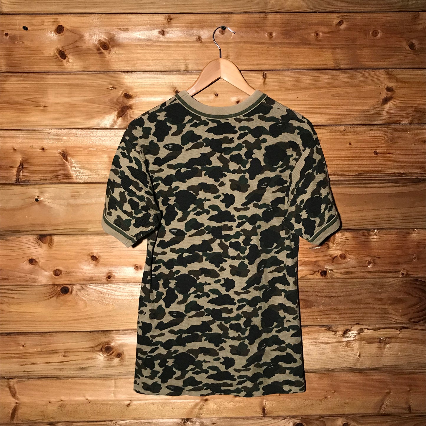 Bape, A Bathing Ape Green Camo AOP Waffle Knit ringer t shirt