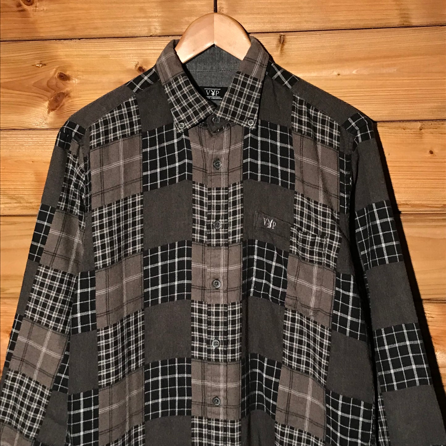 Playboy VIP Plaid Squared Patchwork long sleeve button up shirt