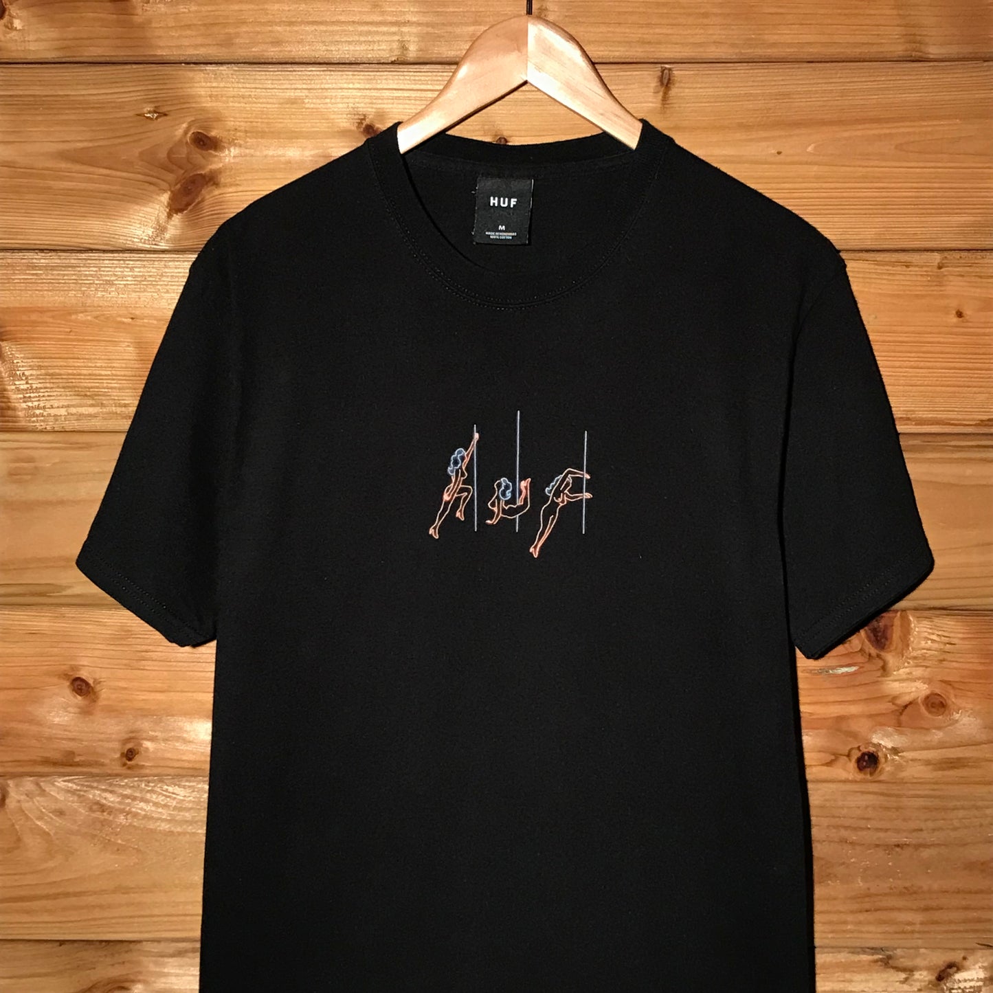 HUF Neon Pole Dancers Centre Spellout t shirt