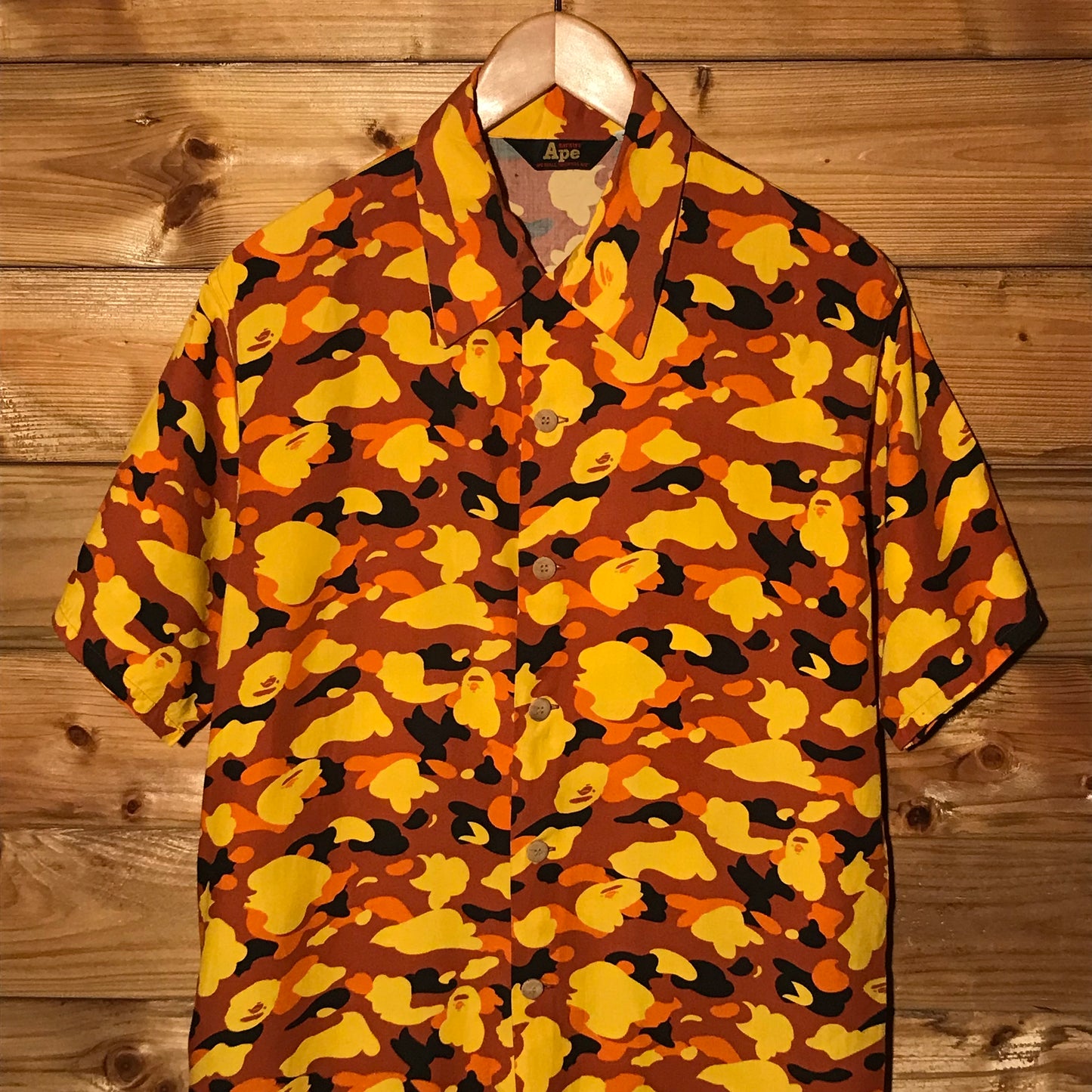 Bape, A Bathing Ape Orange Camo AOP button up shirt