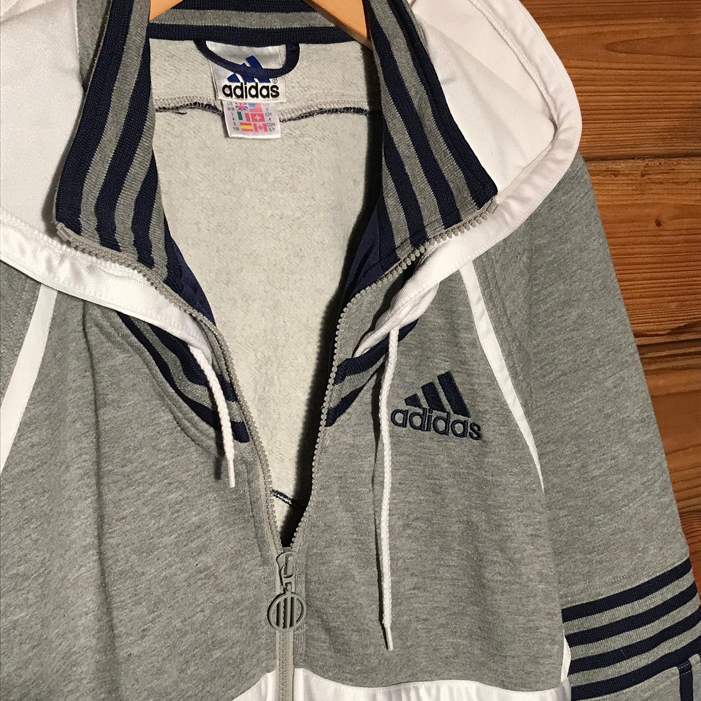 90s Adidas Multi Striped Spellout zip up hoodie