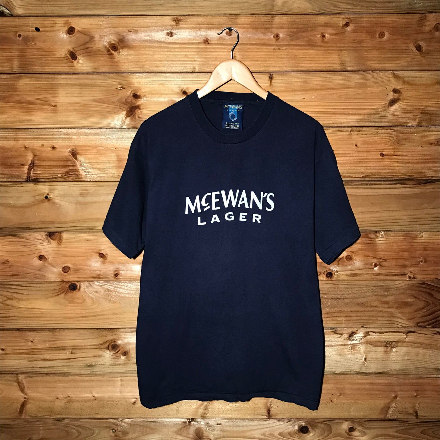 90s McEwan's Lager Alive and Kicking Collection Centre Spellout Promo t shirt