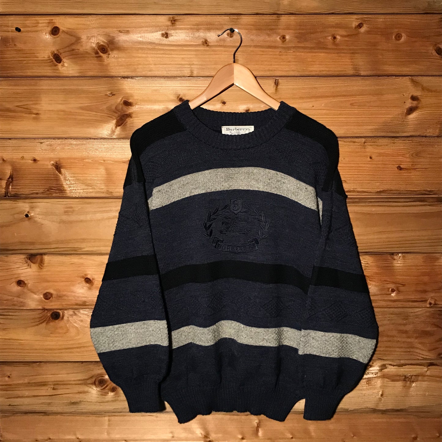 90s Burberry Knight Crest Striped knit sweatshirt