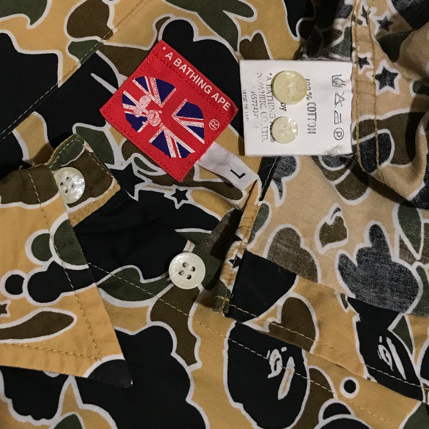 Bape, A Bathing Ape Yellow Psyche Camo AOP long sleeve button up shirt