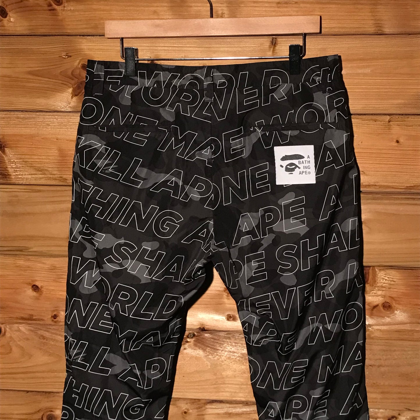 Bape, A Bathing Ape Text Colour Black Camo trousers