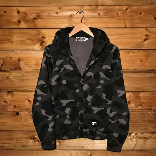 Bape, A Bathing Ape Black Camo AOP button up hoodie