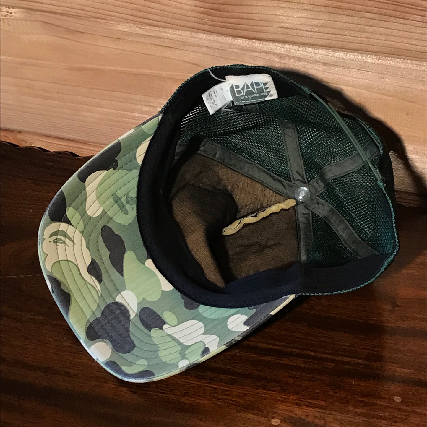 Bape, A Bathing Ape Arc Spellout Green Camo trucker cap