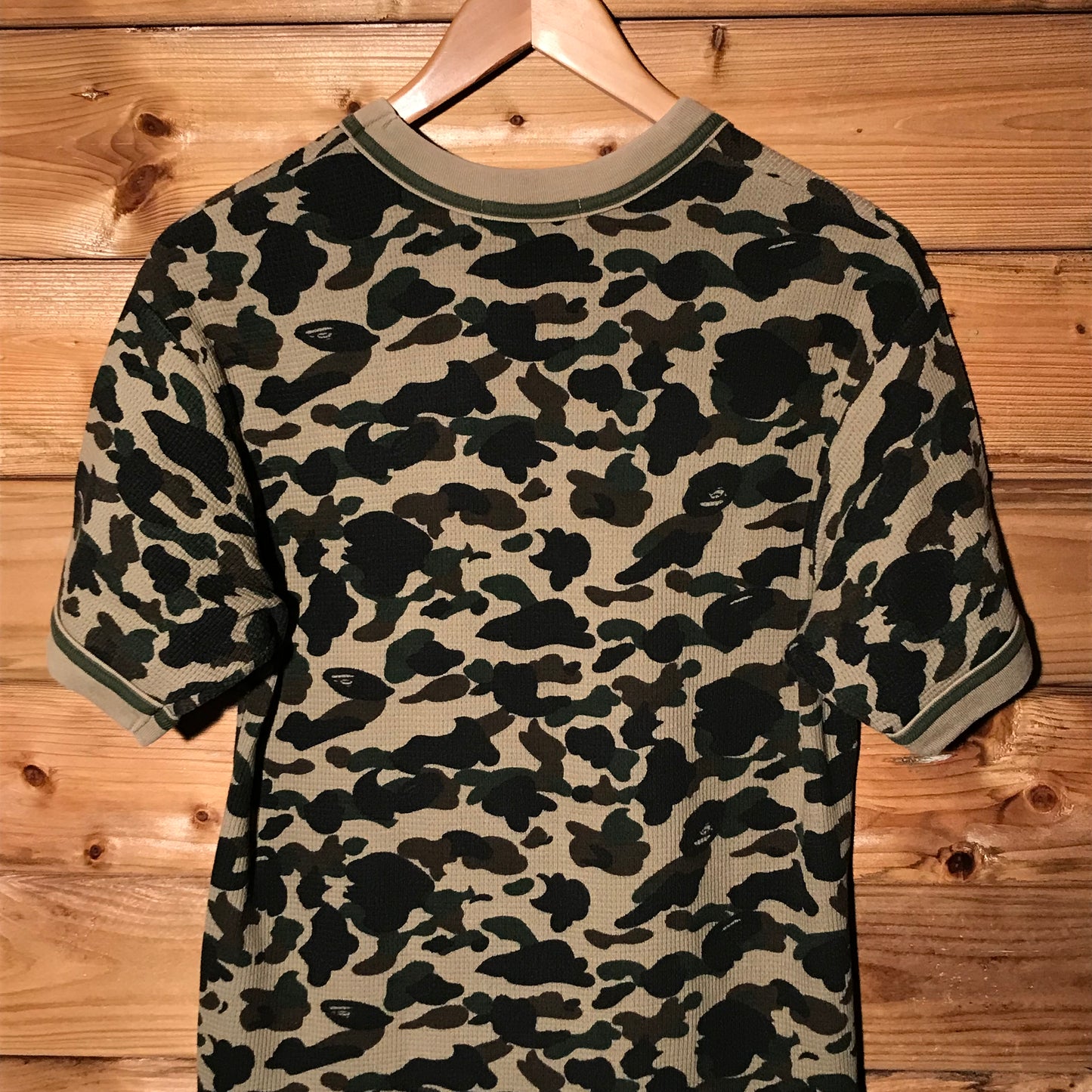 Bape, A Bathing Ape Green Camo AOP Waffle Knit ringer t shirt