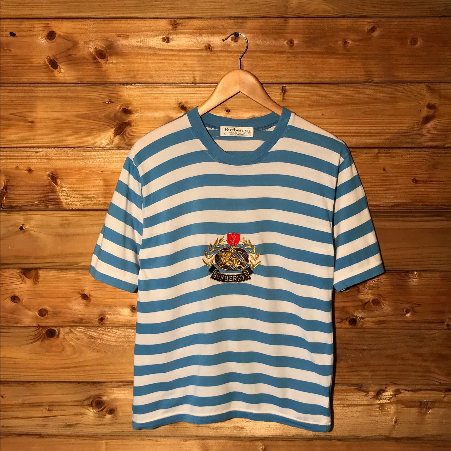 90s Burberry Equestrian Knight Striped AOP t shirt