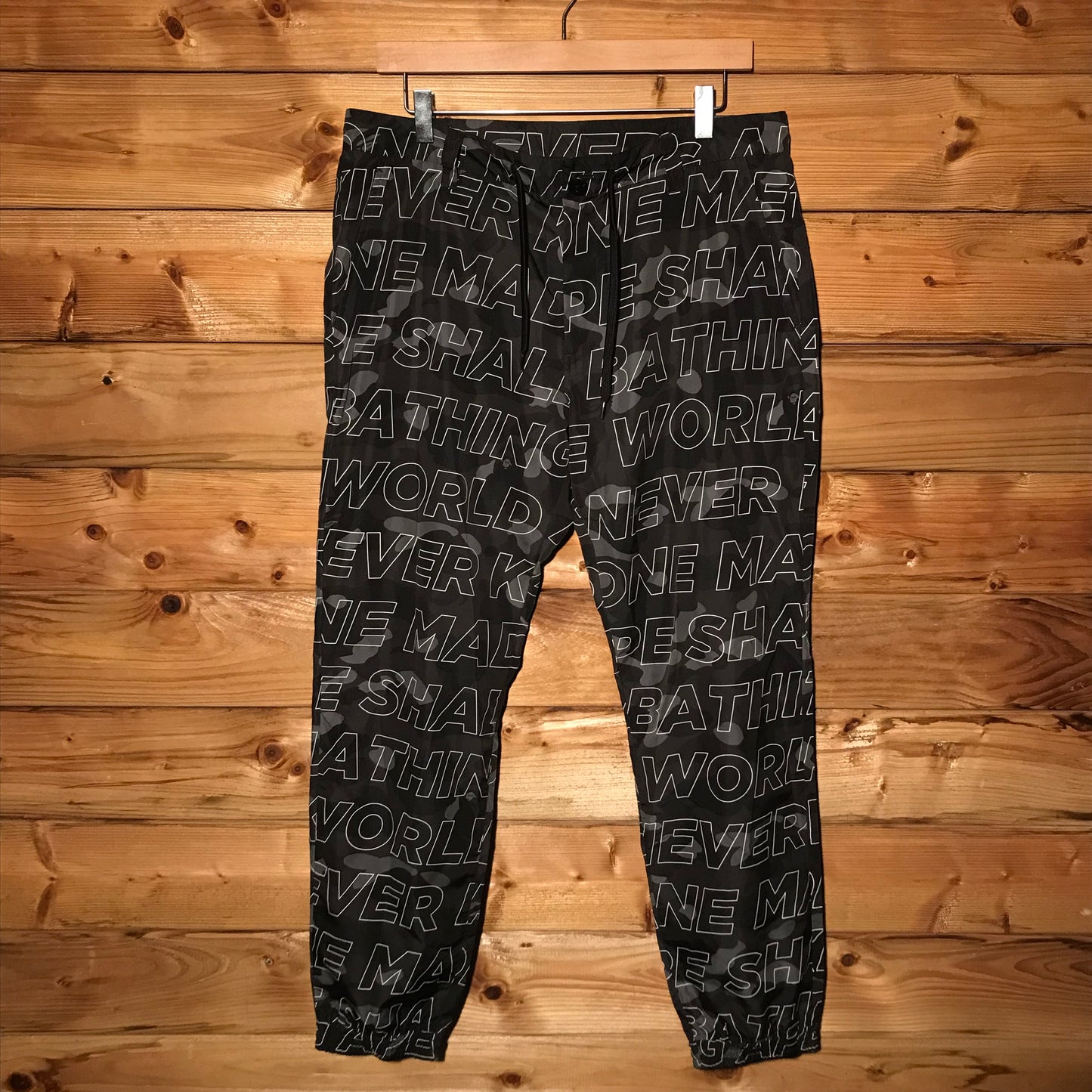 Bape, A Bathing Ape Text Colour Black Camo trousers