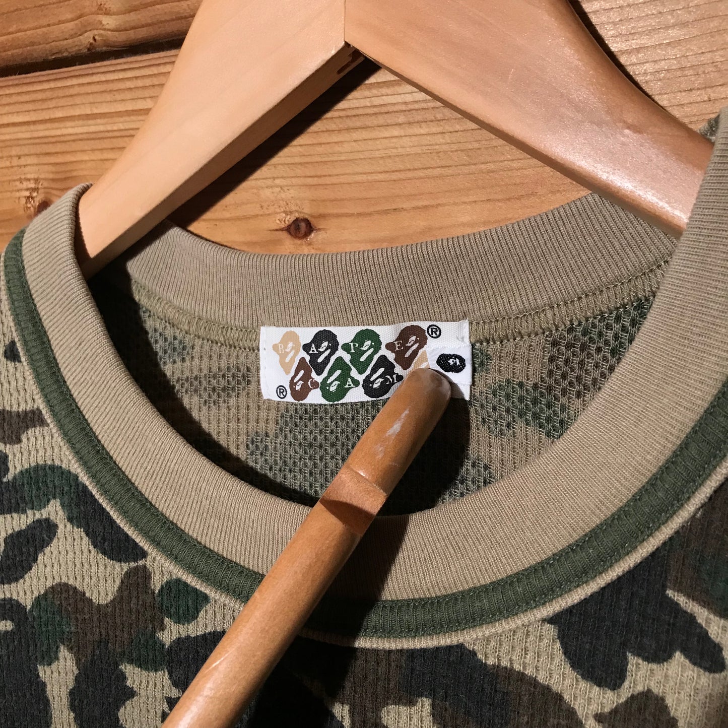 Bape, A Bathing Ape Green Camo AOP Waffle Knit ringer t shirt