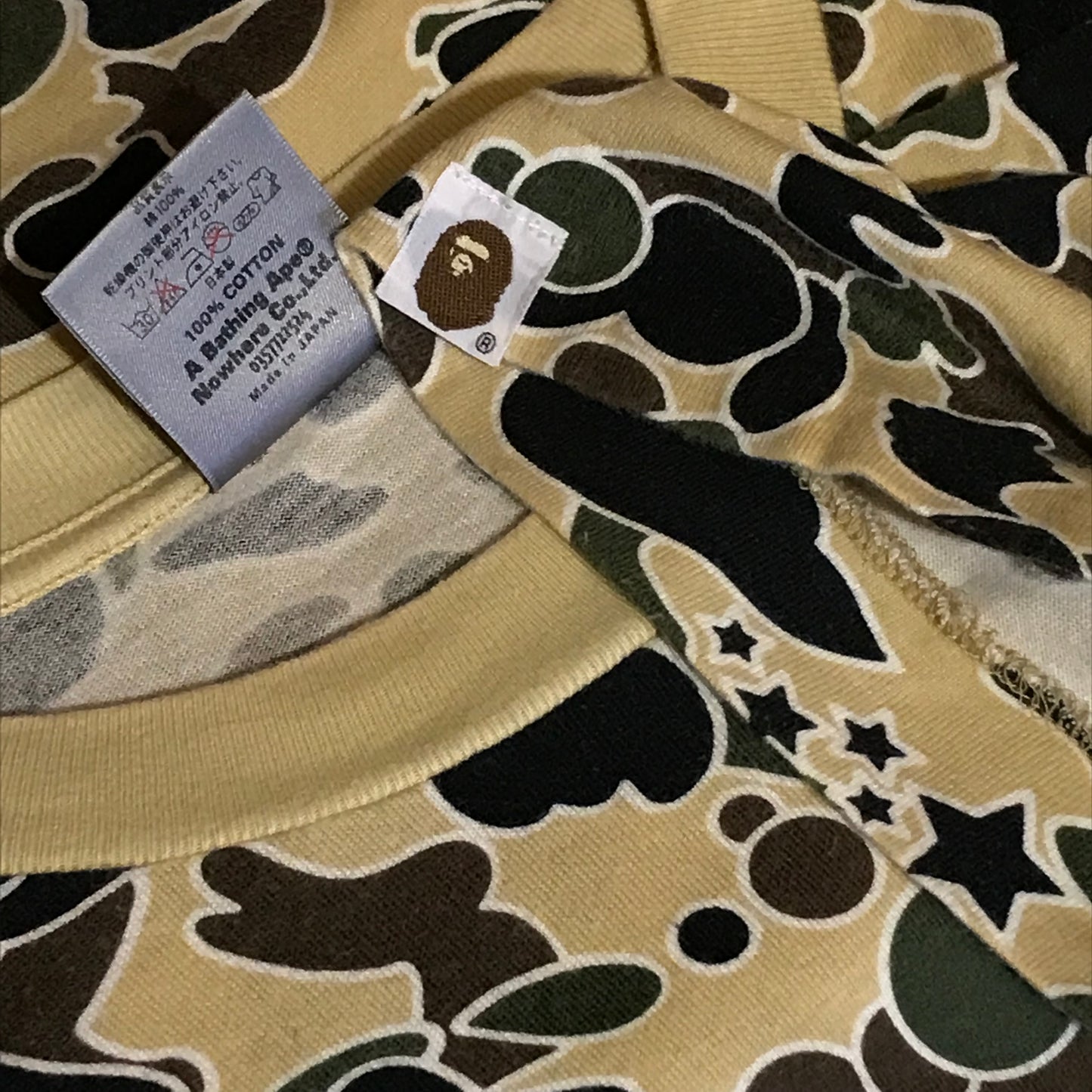 2001 Bape, A Bathing Ape Yellow Psyche Camo AOP t shirt