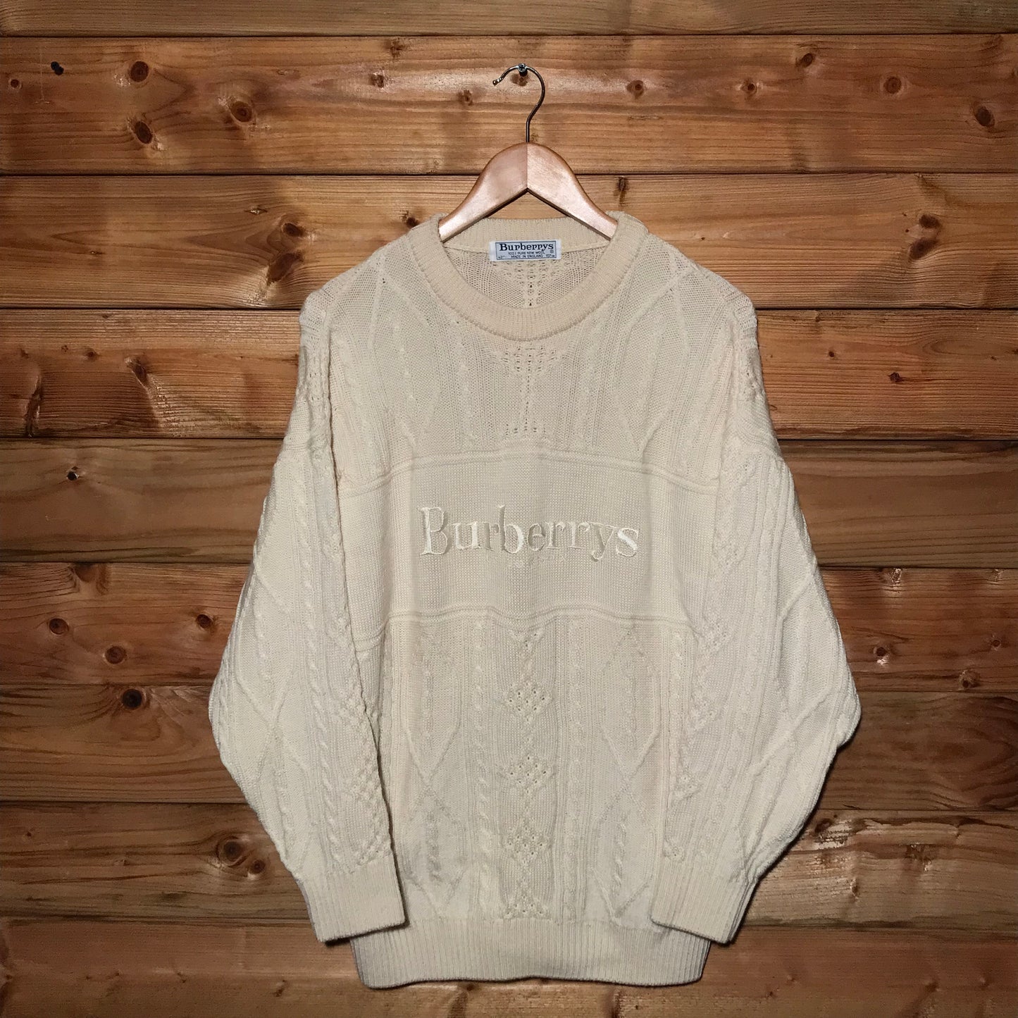 90s Burberry Centre Spellout cable knit sweatshirt