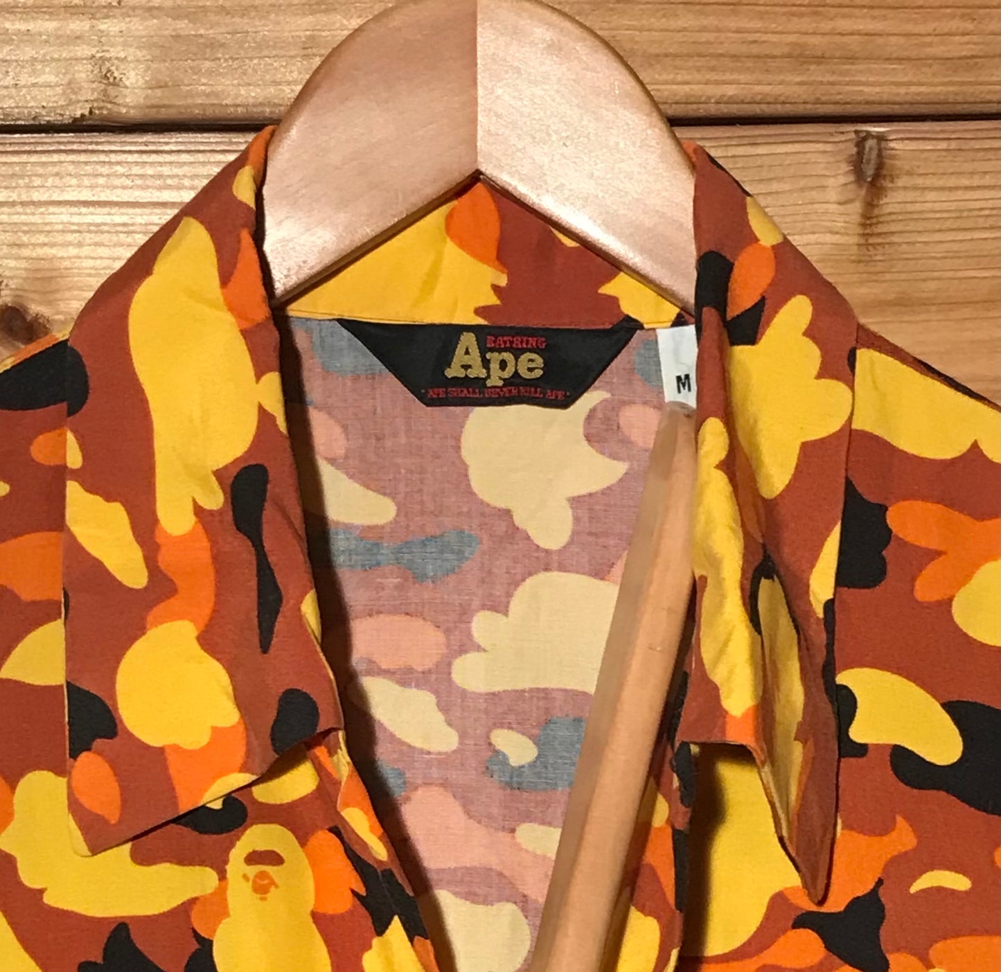 Bape, A Bathing Ape Orange Camo AOP button up shirt