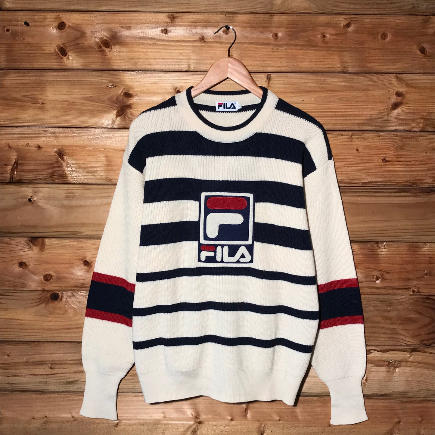 90s Fila Striped Centre Spellout knit sweatshirt