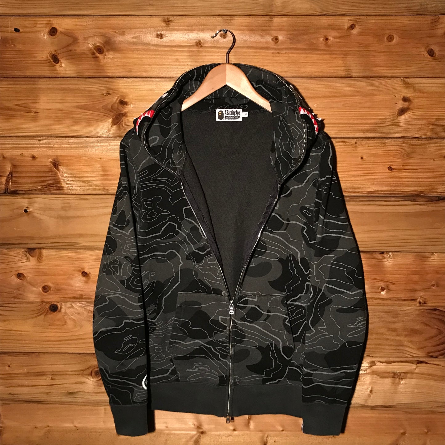 2023 Bape, A Bathing Ape Layered Line Camo Shark Face zip up hoodie