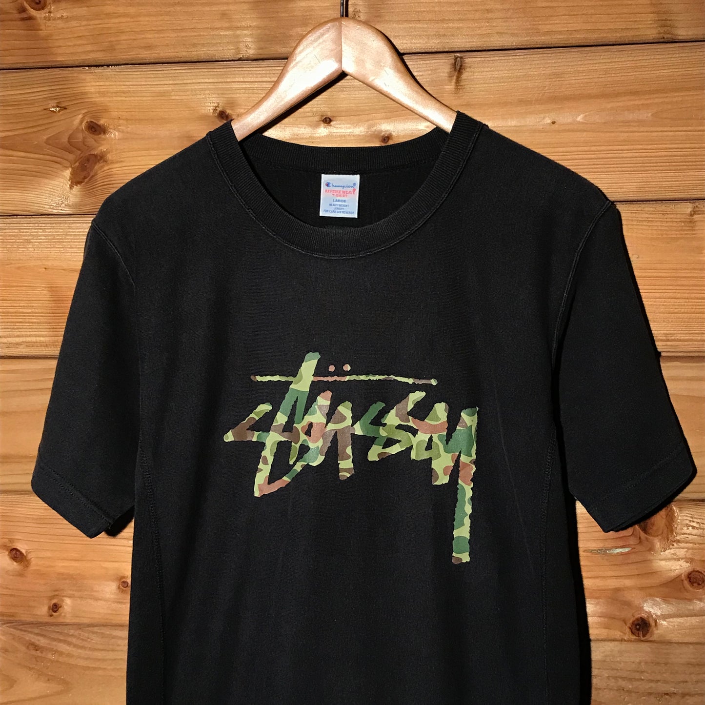 2014 Stüssy x Champion Hunter Camo Spellout t shirt