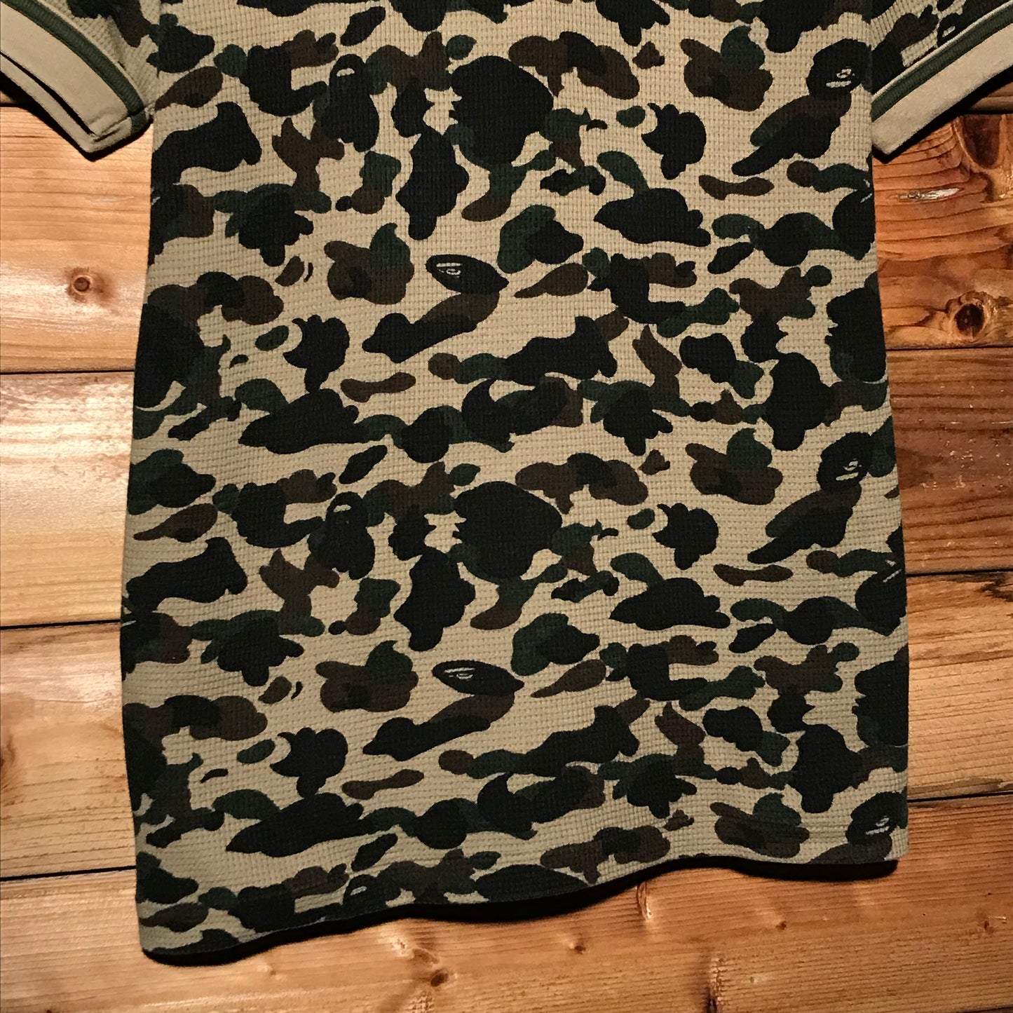 Bape, A Bathing Ape Green Camo AOP Waffle Knit ringer t shirt