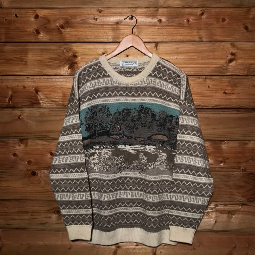 90s Burberry Golf Landscape Design Centre Spellout knit sweatshirt