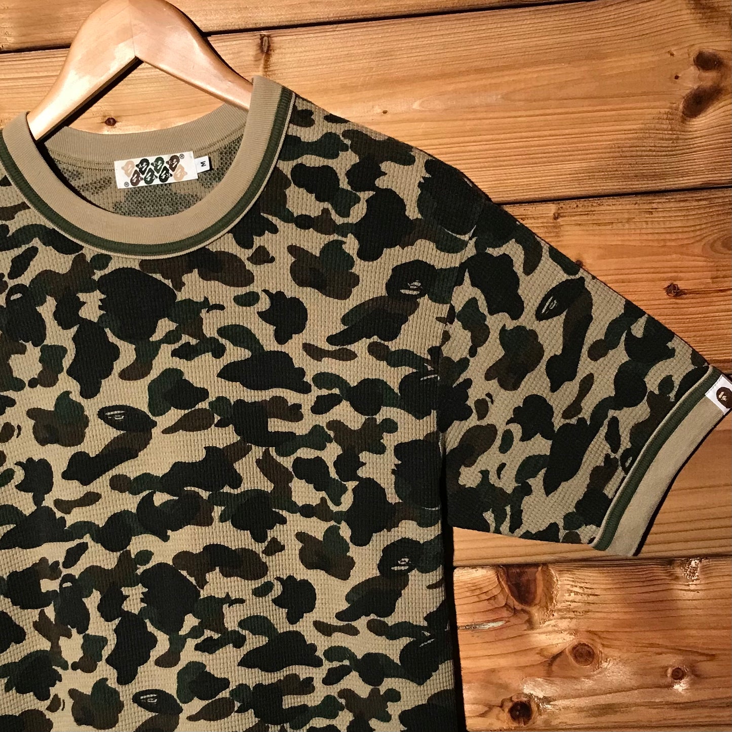 Bape, A Bathing Ape Green Camo AOP Waffle Knit ringer t shirt