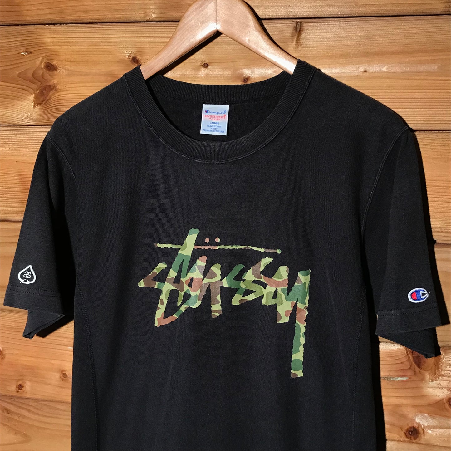 2014 Stüssy x Champion Hunter Camo Spellout t shirt