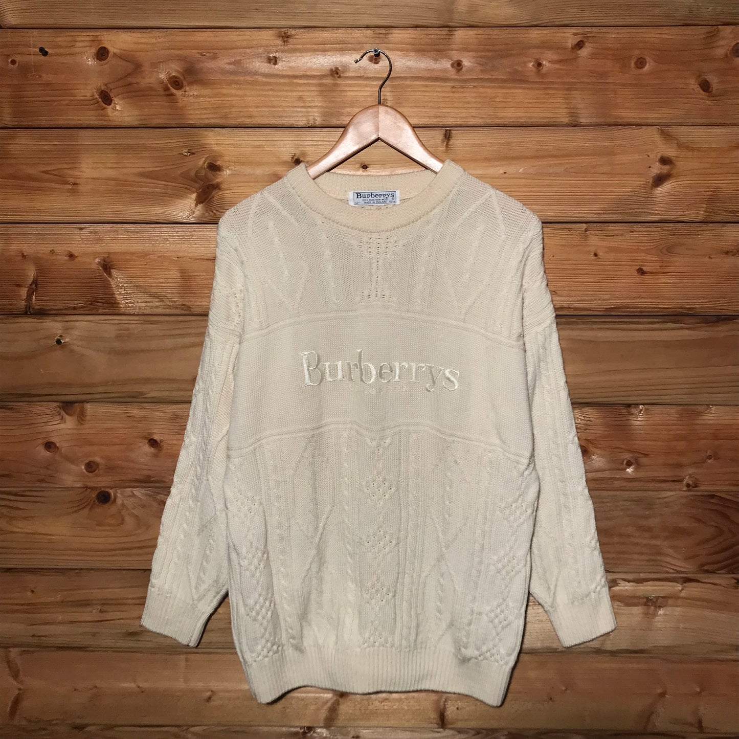 90s Burberry Centre Spellout cable knit sweatshirt