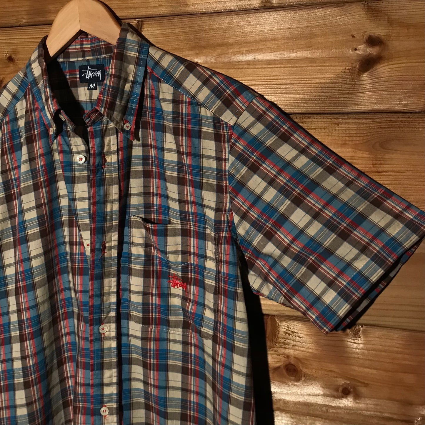 90s Stüssy Plaid Corner Script short sleeve button up shirt