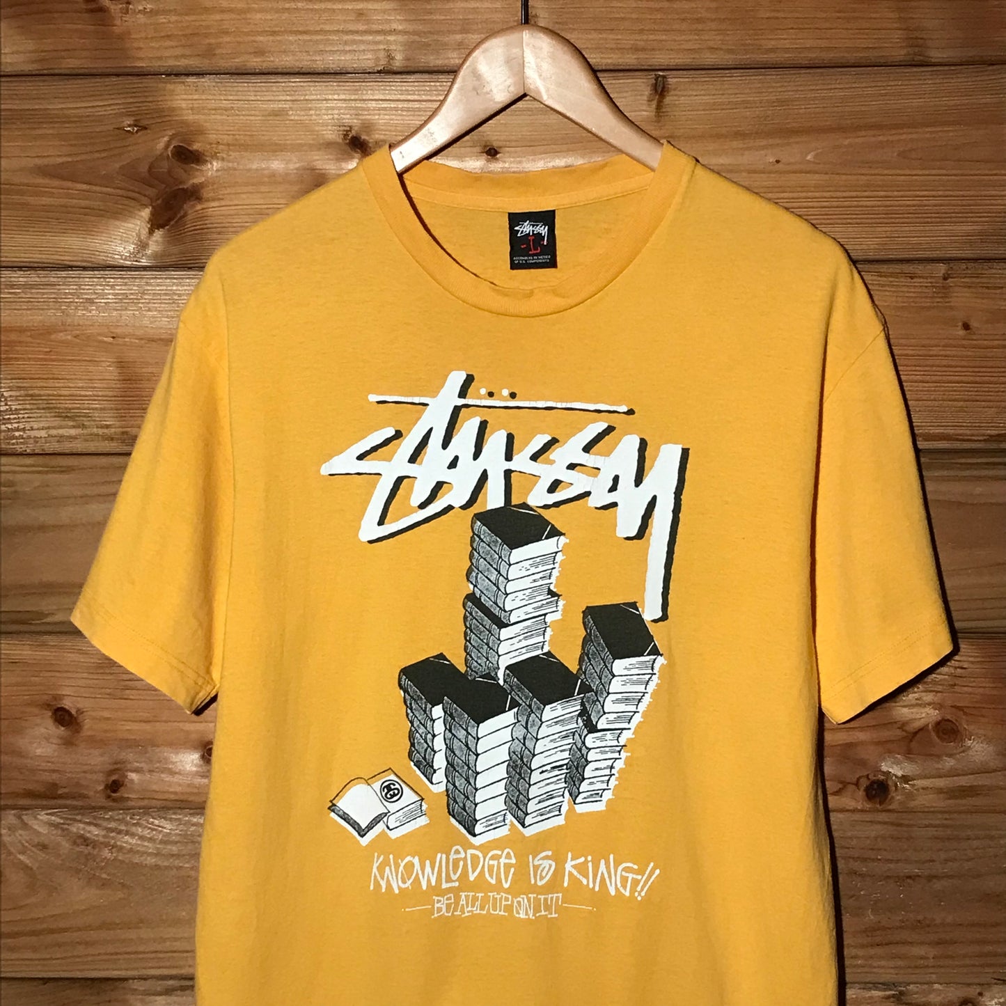 Stüssy Knowledge Is King Book Pile Script Spellout t shirt