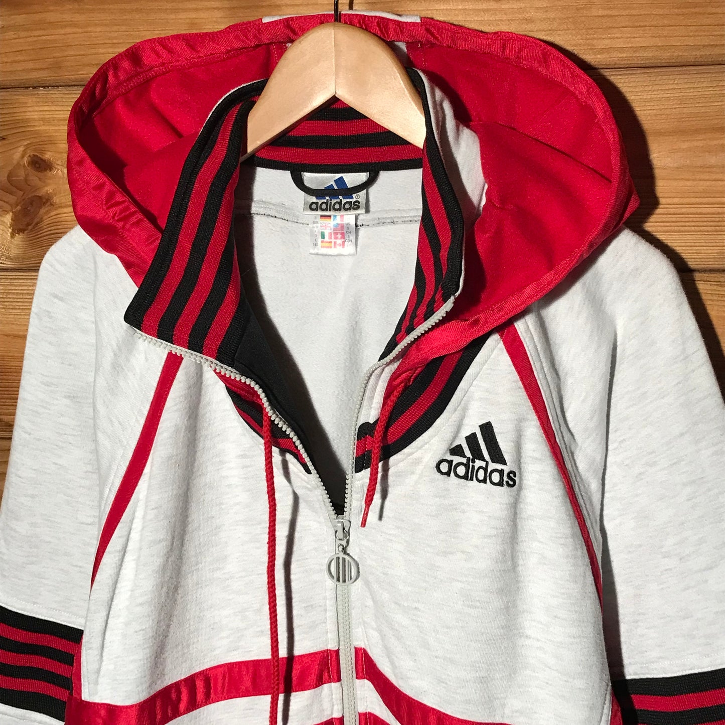 90s Adidas Multi Striped Spellout zip up hoodie