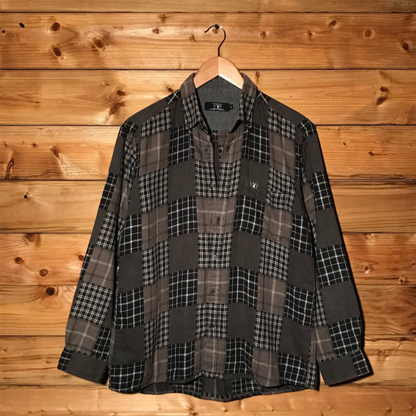 Playboy VIP Plaid Squared Patchwork long sleeve button up shirt