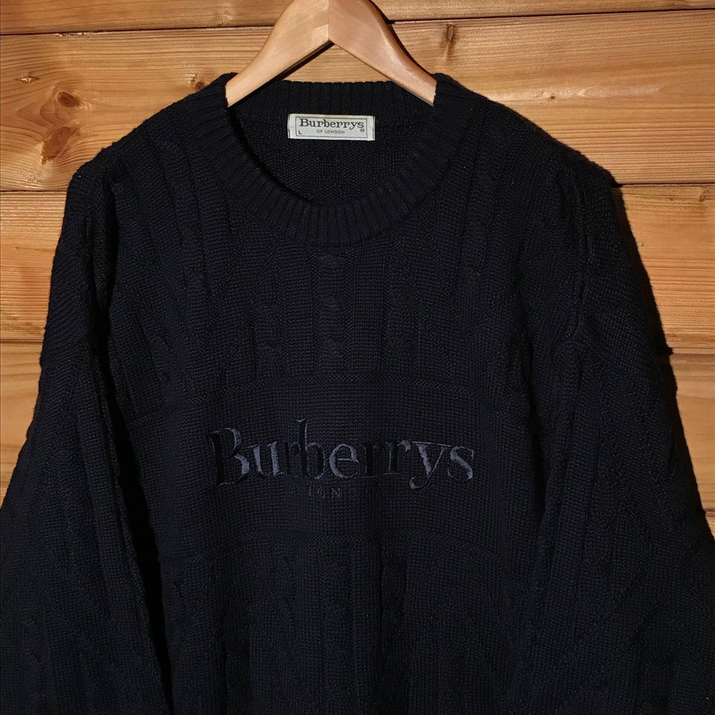 90s Burberry Centre Spellout cable knit sweatshirt