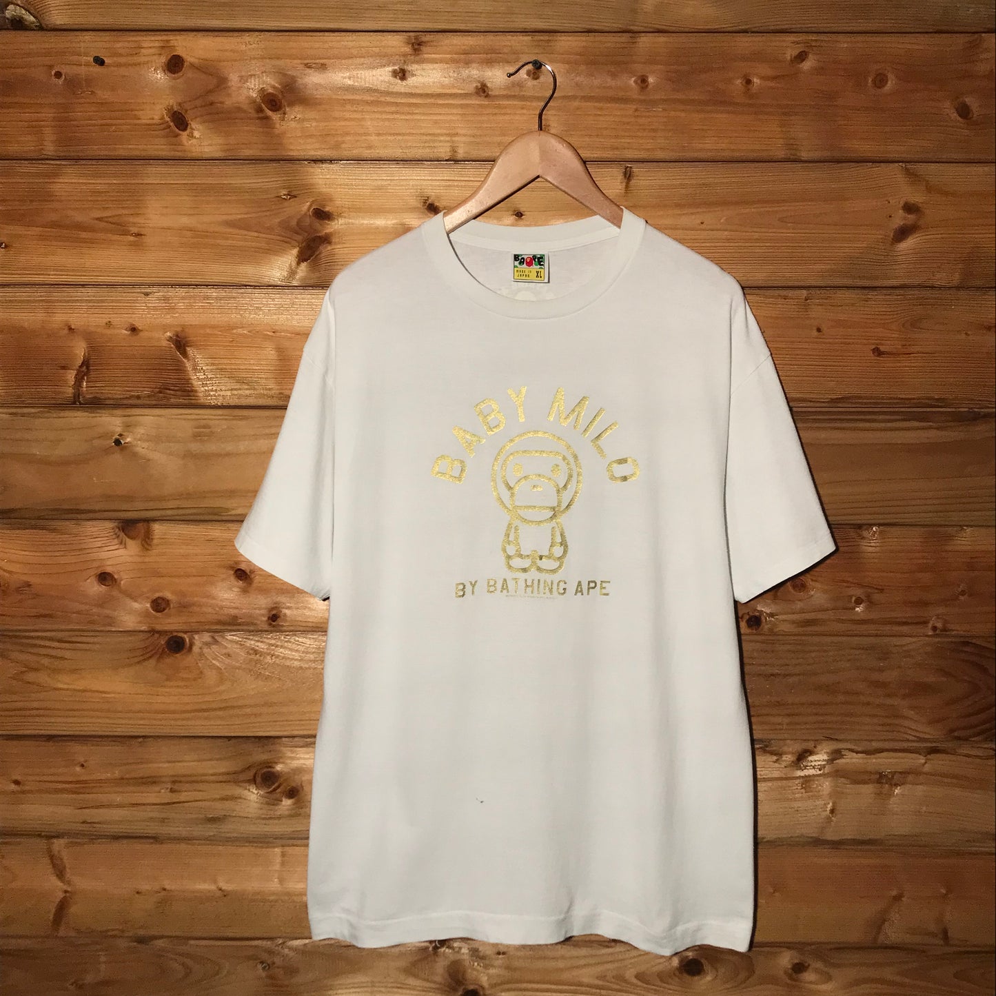 2008 Baby Milo, A Bathing Ape Gold Foil Spellout t shirt