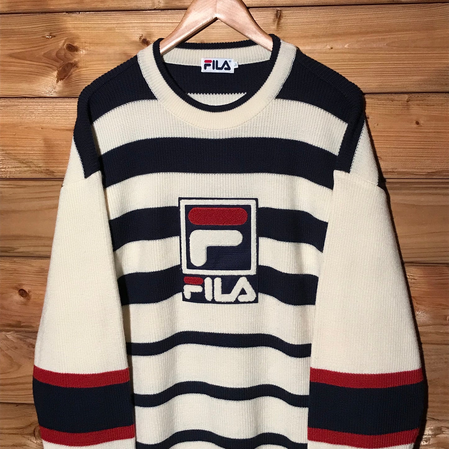 90s Fila Striped Centre Spellout knit sweatshirt