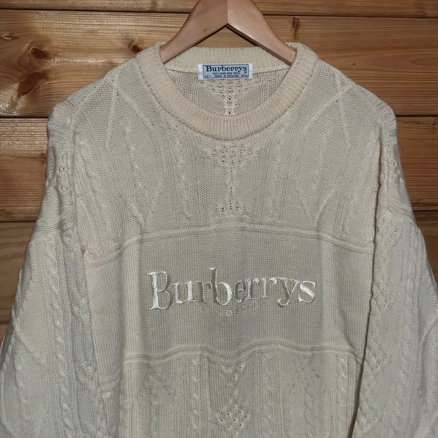 90s Burberry Centre Spellout cable knit sweatshirt