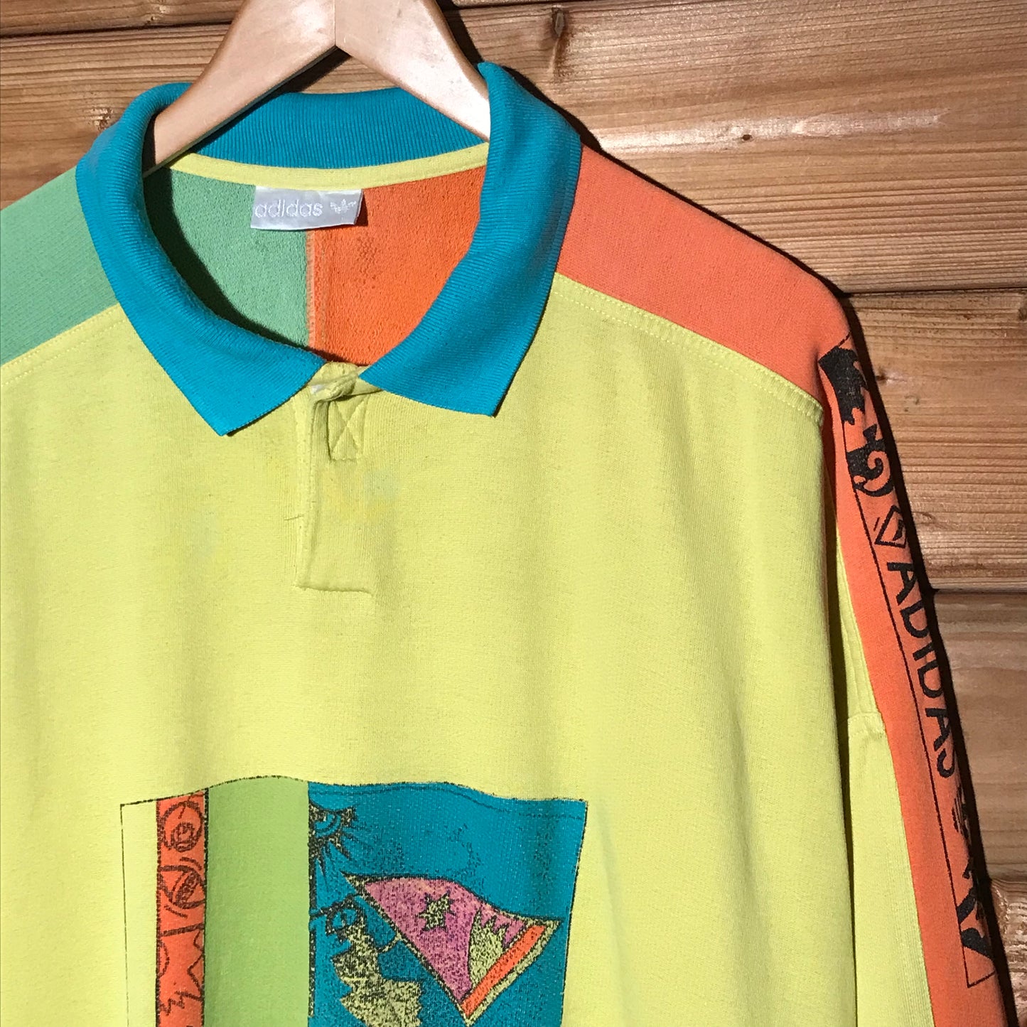 80s Adidas Abstract Colour Block long sleeve polo t shirt