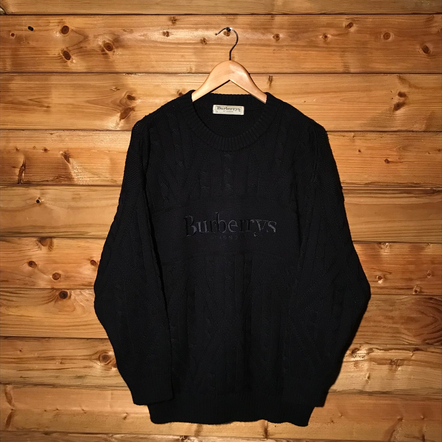 90s Burberry Centre Spellout cable knit sweatshirt