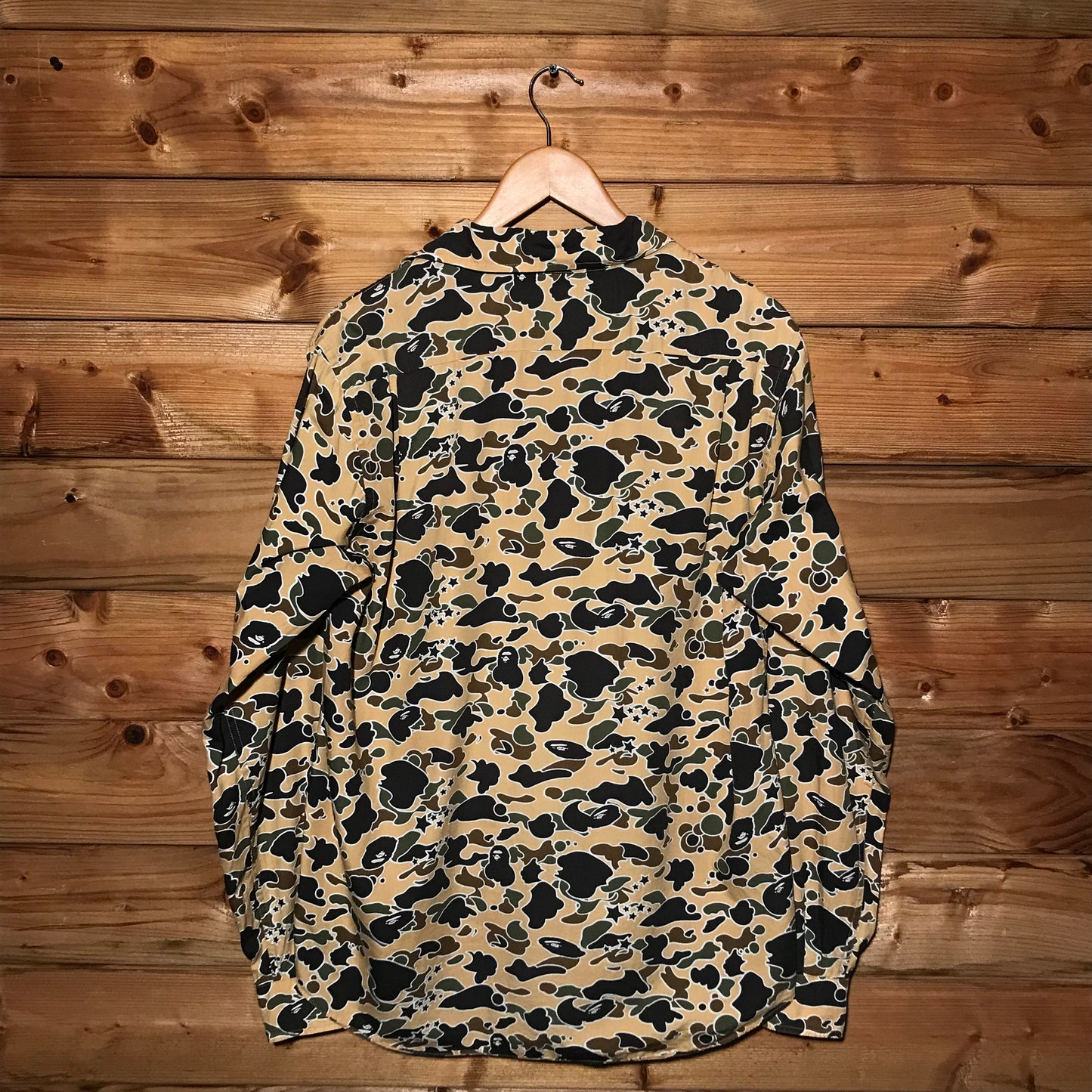 Bape, A Bathing Ape Yellow Psyche Camo AOP long sleeve button up shirt